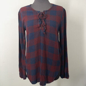 Cloth & Stone Blouse Women XS Red Flannel Long Sleeve Pullover Lace Up Front